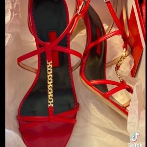Carolina Herrera Vibrant Red Heels with Gold Accent